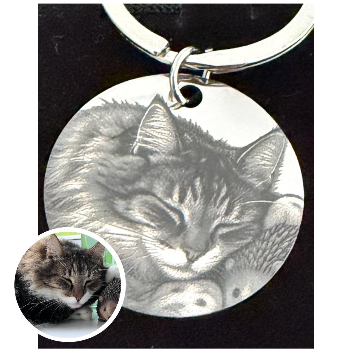 Ronde sleutelhanger met foto-gravure van een kat